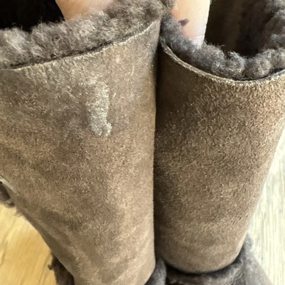 TORY BURCH Sheepskin Shearling Brwn Suede Leather Ugg Boots Mid Calf Winter SZ 7